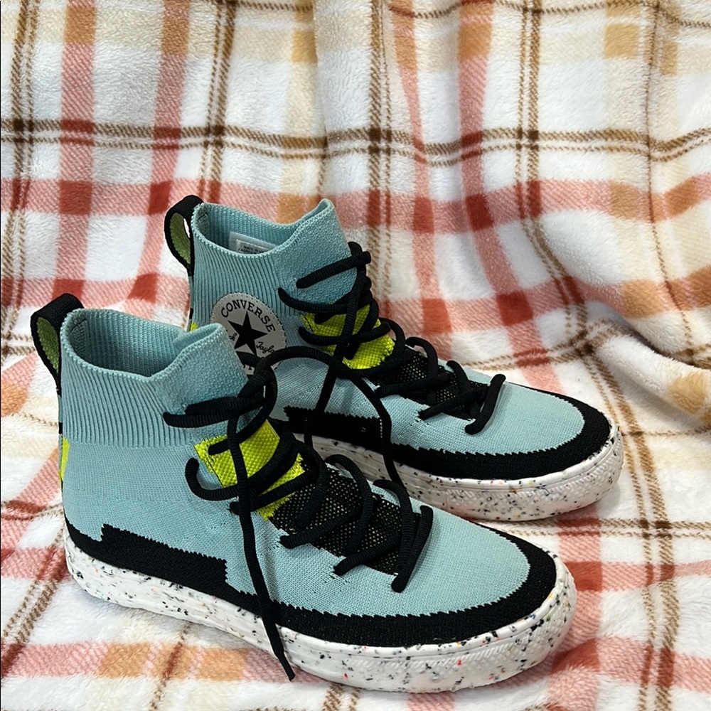 Converse High-Top Sneakers in Light Blue, Black, Neon Yellow